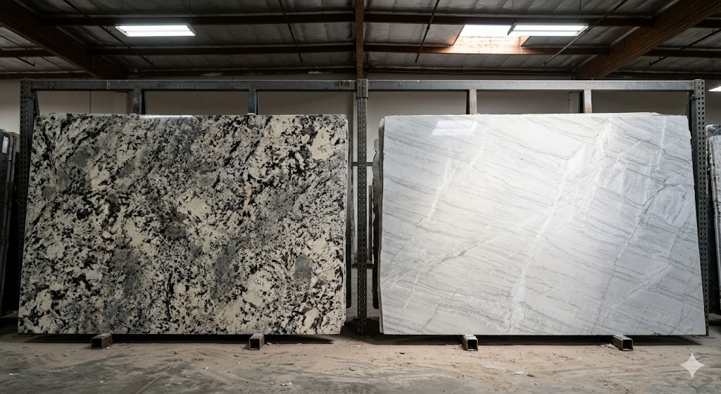 We are looking inside a stone yard where two distinct natural stone slabs are displayed side-by-side.